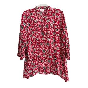 J.Jill Top Women's Medium Red Floral Asymmetrical Button‎ Up Cottagecore Artsy
